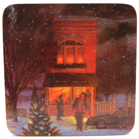Hallmark Jan Karon Christmas Coaster Set 4 Cork Backed Winter Village Scenes - Picture 7 of 9